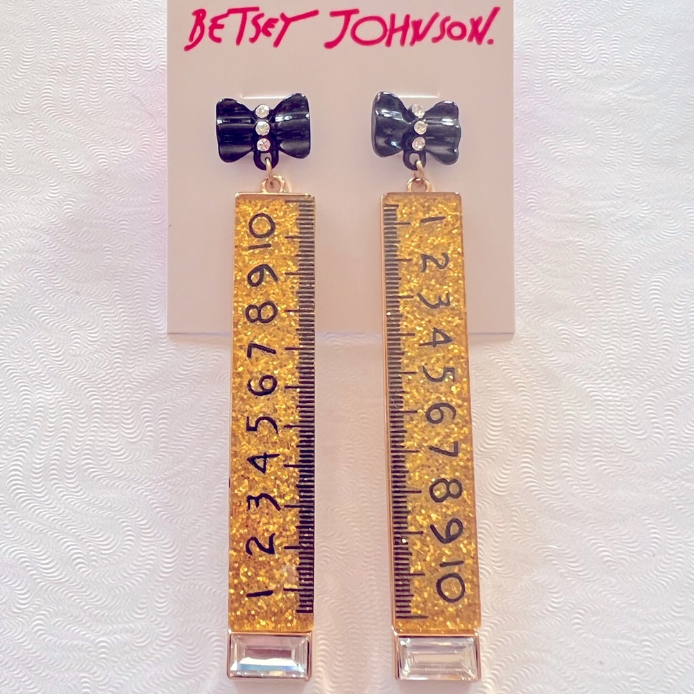 New Betsey Johnson BACK TO COOL RULER DROP EARRINGS GOLD - Picture 5 of 8